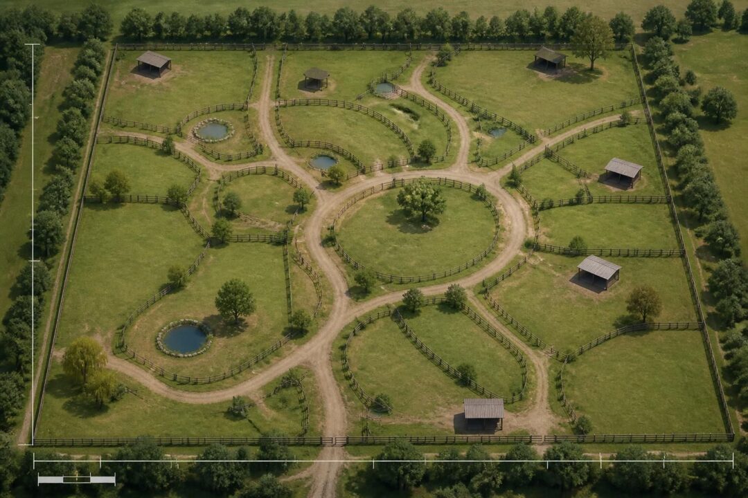 découvrez le plan détaillé d'un paddock paradise sur 1 hectare avec un schéma précis et les mesures exactes pour optimiser l'espace et le bien-être de vos chevaux.